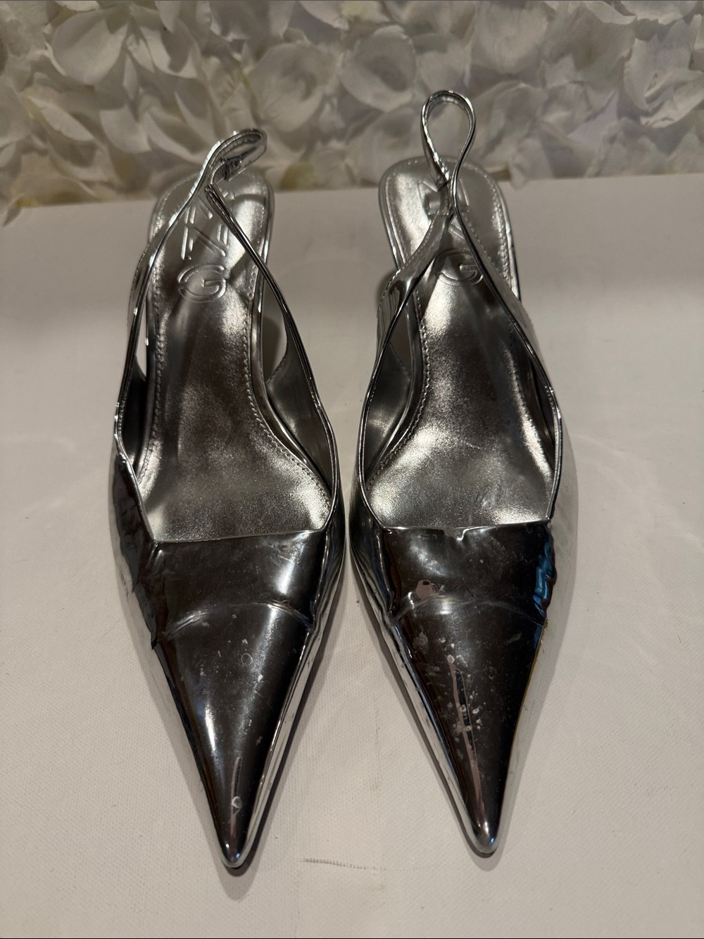 Metallic Silver Pointed Slingback Heels